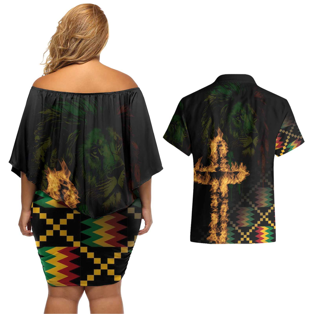 Happy Meskel Celebration Couples Matching Off Shoulder Short Dress and Hawaiian Shirt Cross Fire And Lion Flag Color - Wonder Print Shop