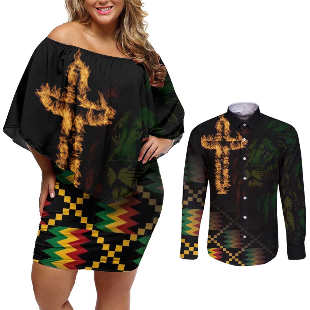 Happy Meskel Celebration Couples Matching Off Shoulder Short Dress and Long Sleeve Button Shirt Cross Fire And Lion Flag Color - Wonder Print Shop