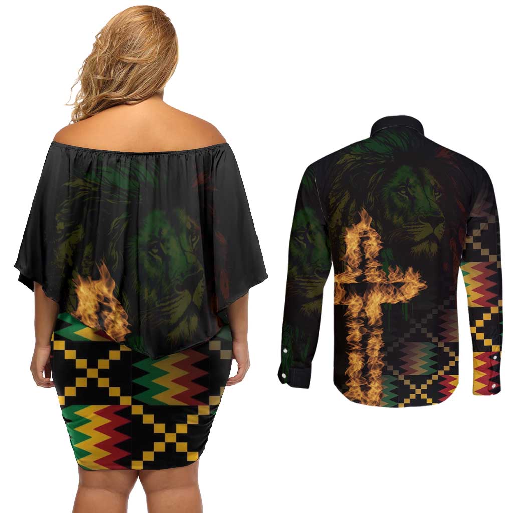 Happy Meskel Celebration Couples Matching Off Shoulder Short Dress and Long Sleeve Button Shirt Cross Fire And Lion Flag Color - Wonder Print Shop