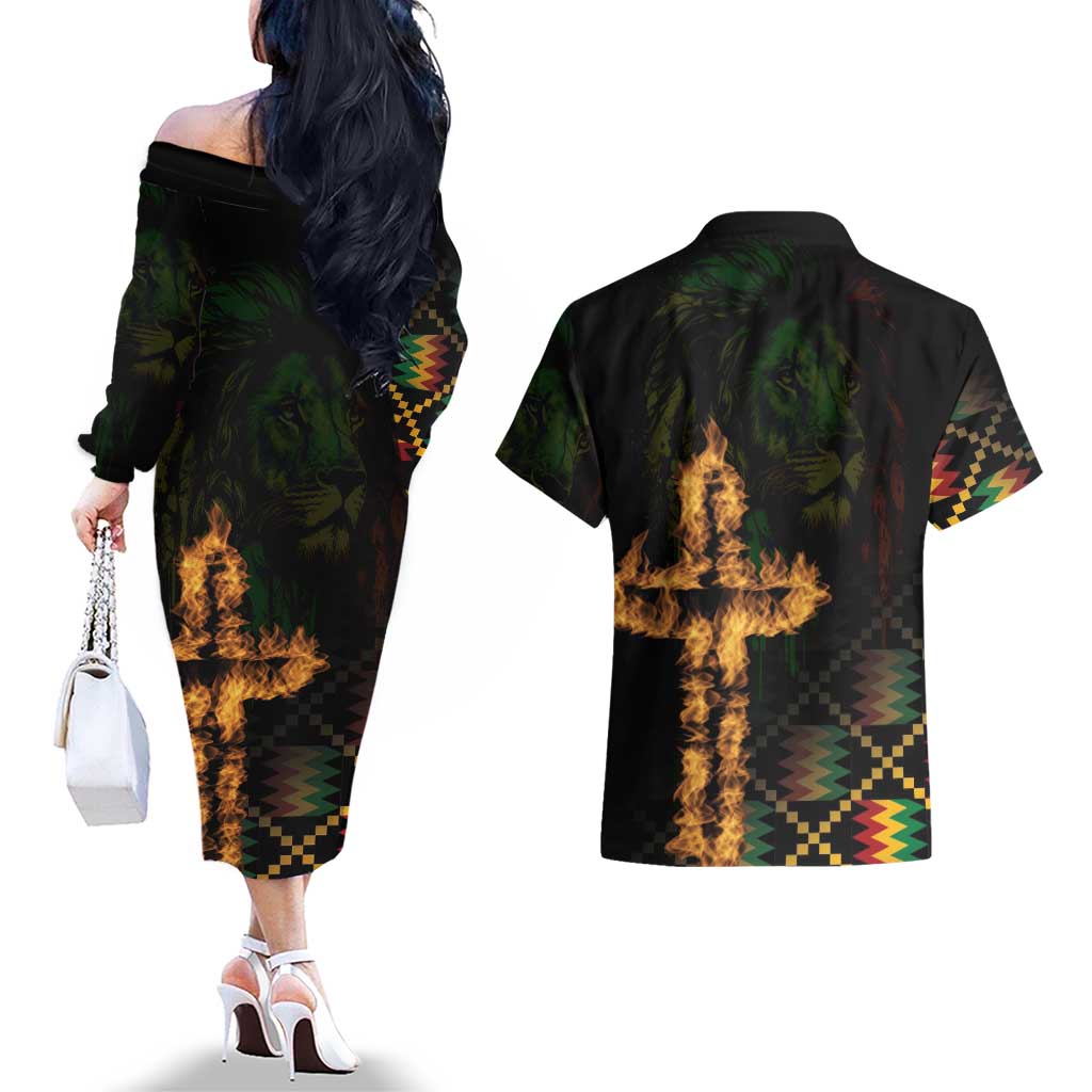 Happy Meskel Celebration Couples Matching Off The Shoulder Long Sleeve Dress and Hawaiian Shirt Cross Fire And Lion Flag Color - Wonder Print Shop