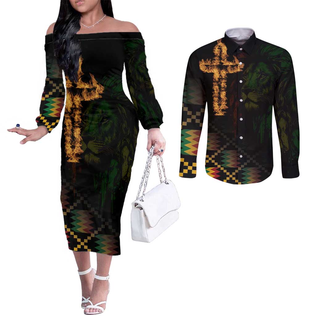 Happy Meskel Celebration Couples Matching Off The Shoulder Long Sleeve Dress and Long Sleeve Button Shirt Cross Fire And Lion Flag Color