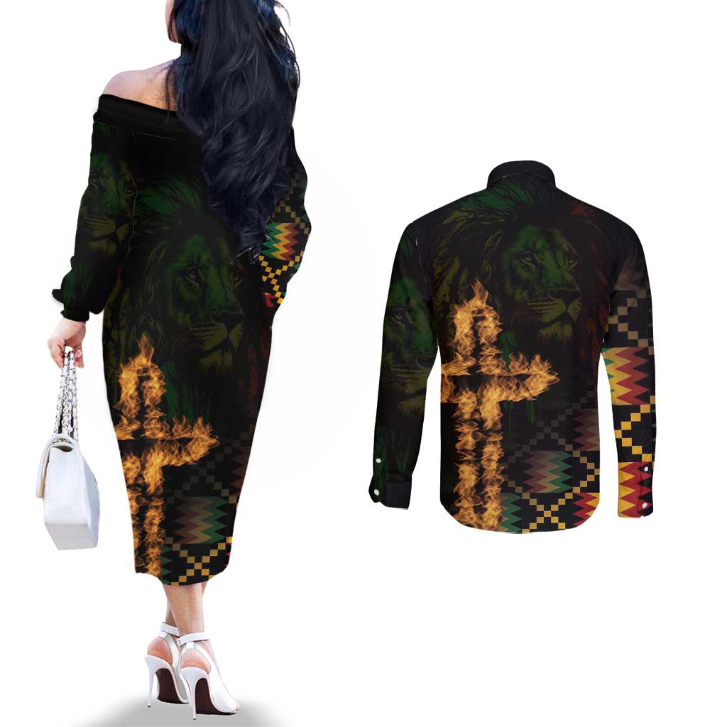 Happy Meskel Celebration Couples Matching Off The Shoulder Long Sleeve Dress and Long Sleeve Button Shirt Cross Fire And Lion Flag Color