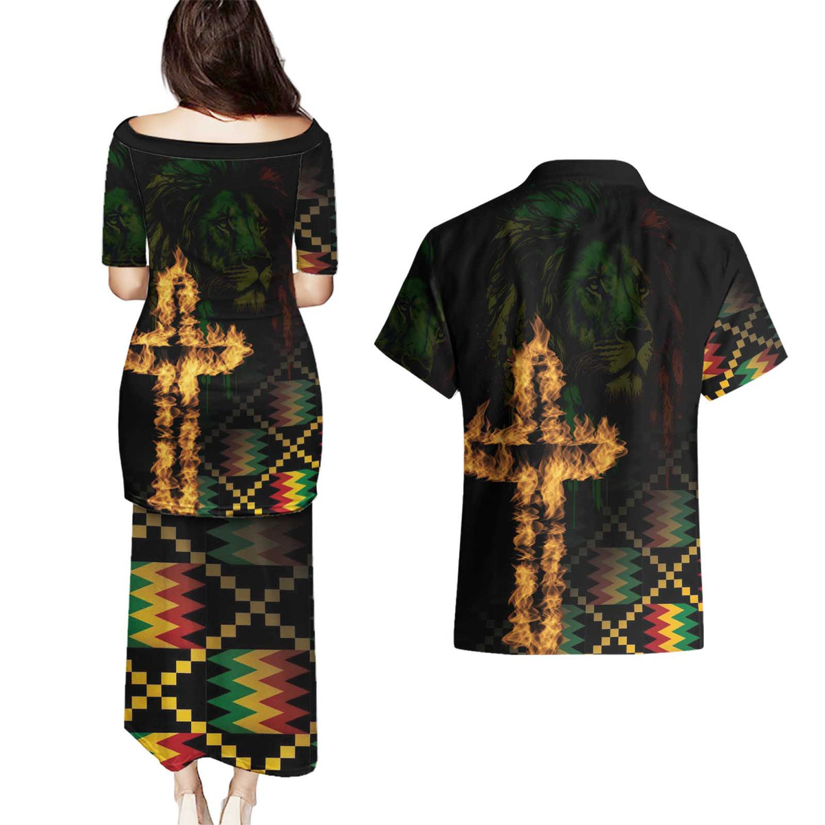 Happy Meskel Celebration Couples Matching Puletasi and Hawaiian Shirt Cross Fire And Lion Flag Color - Wonder Print Shop