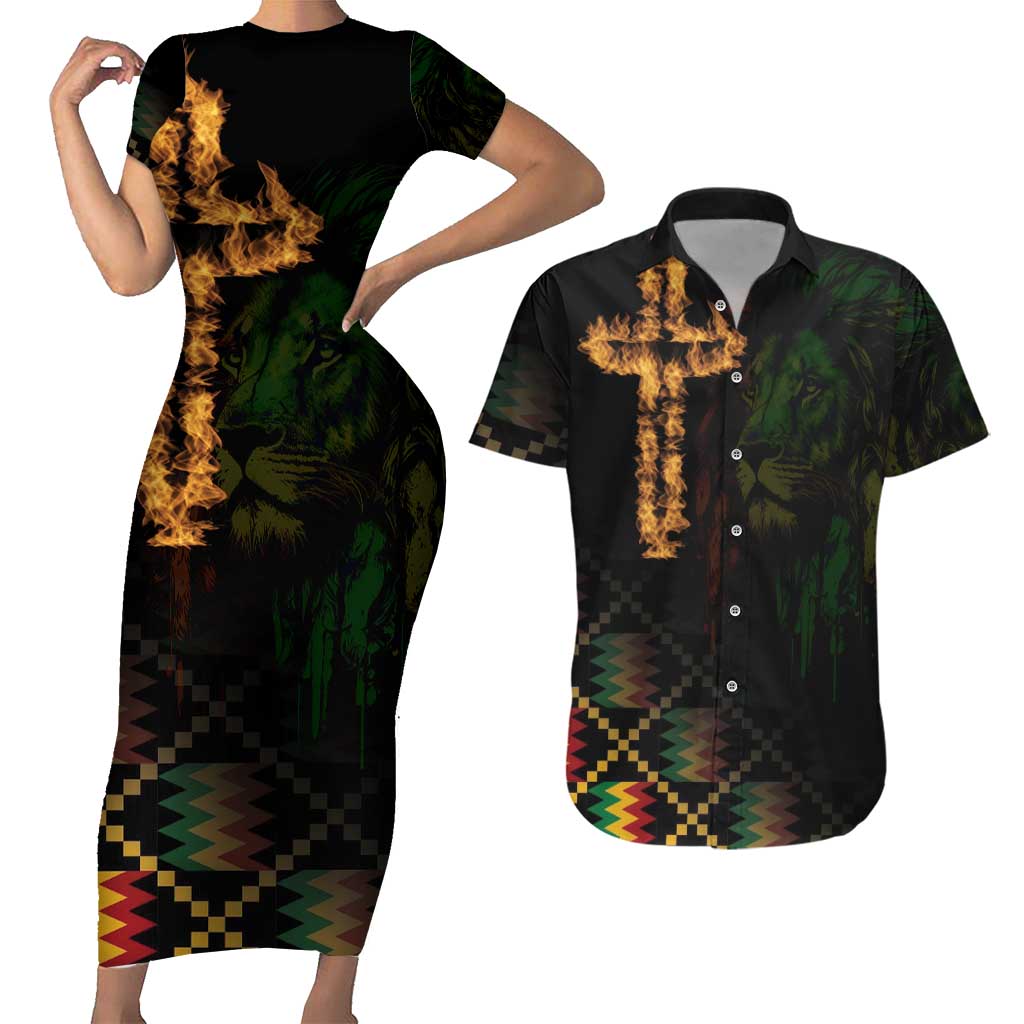Happy Meskel Celebration Couples Matching Short Sleeve Bodycon Dress and Hawaiian Shirt Cross Fire And Lion Flag Color - Wonder Print Shop