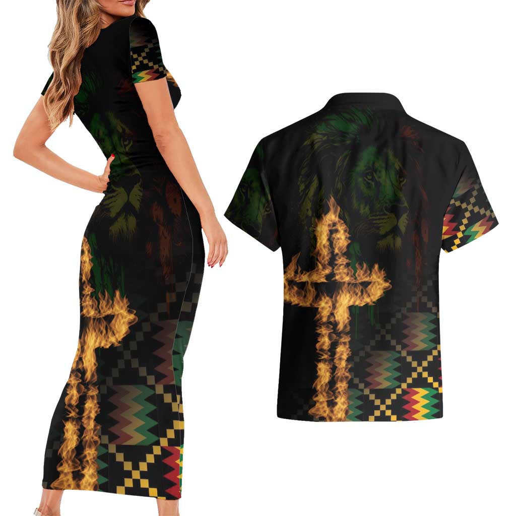Happy Meskel Celebration Couples Matching Short Sleeve Bodycon Dress and Hawaiian Shirt Cross Fire And Lion Flag Color - Wonder Print Shop