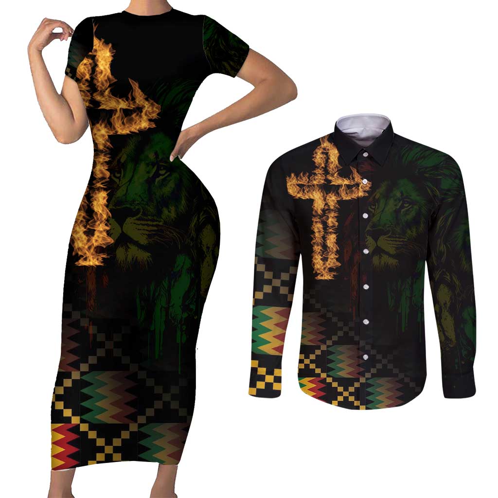 Happy Meskel Celebration Couples Matching Short Sleeve Bodycon Dress and Long Sleeve Button Shirt Cross Fire And Lion Flag Color - Wonder Print Shop