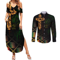 Happy Meskel Celebration Couples Matching Summer Maxi Dress and Long Sleeve Button Shirt Cross Fire And Lion Flag Color - Wonder Print Shop