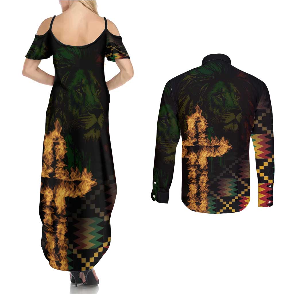 Happy Meskel Celebration Couples Matching Summer Maxi Dress and Long Sleeve Button Shirt Cross Fire And Lion Flag Color - Wonder Print Shop