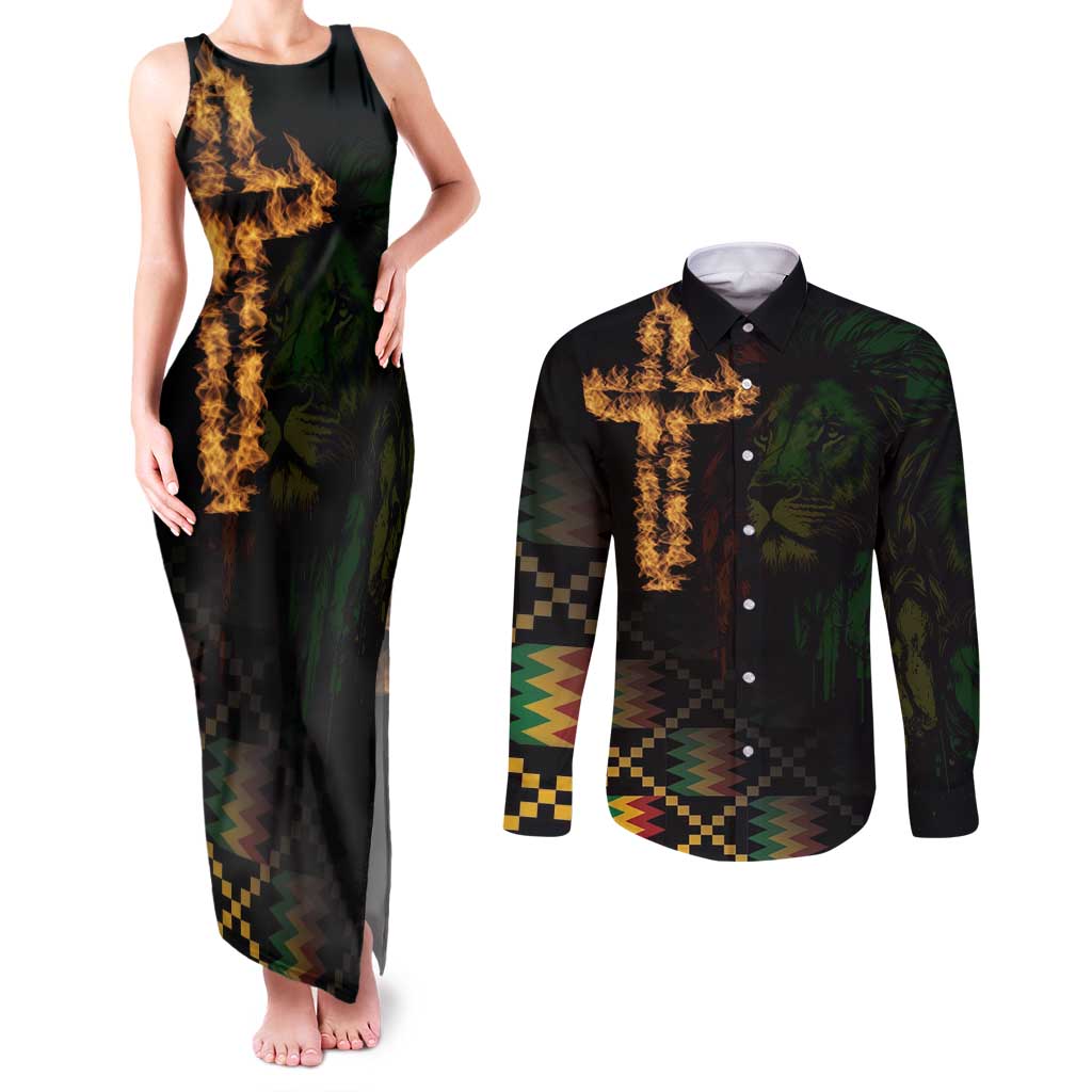 Happy Meskel Celebration Couples Matching Tank Maxi Dress and Long Sleeve Button Shirt Cross Fire And Lion Flag Color - Wonder Print Shop