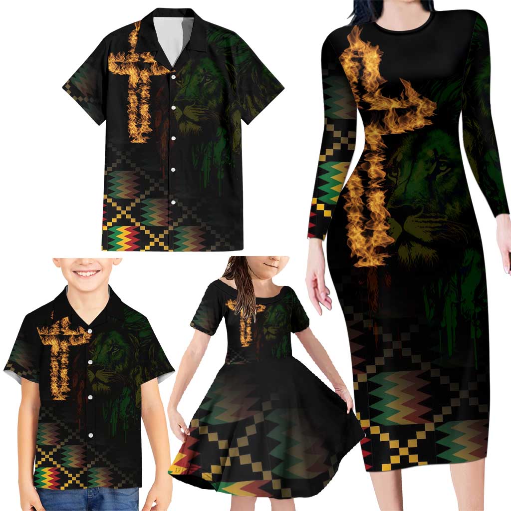 Happy Meskel Celebration Family Matching Long Sleeve Bodycon Dress and Hawaiian Shirt Cross Fire And Lion Flag Color - Wonder Print Shop