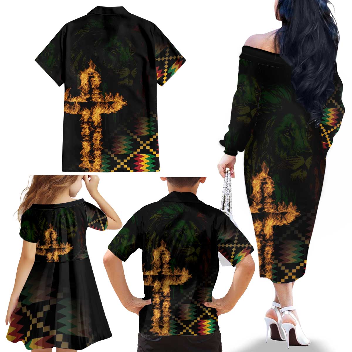 Happy Meskel Celebration Family Matching Off The Shoulder Long Sleeve Dress and Hawaiian Shirt Cross Fire And Lion Flag Color - Wonder Print Shop