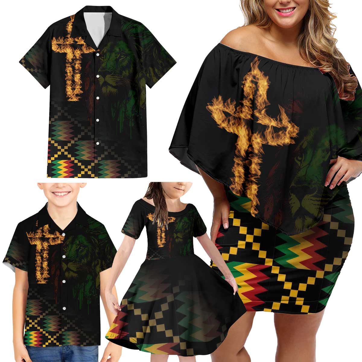 Happy Meskel Celebration Family Matching Off Shoulder Short Dress and Hawaiian Shirt Cross Fire And Lion Flag Color - Wonder Print Shop