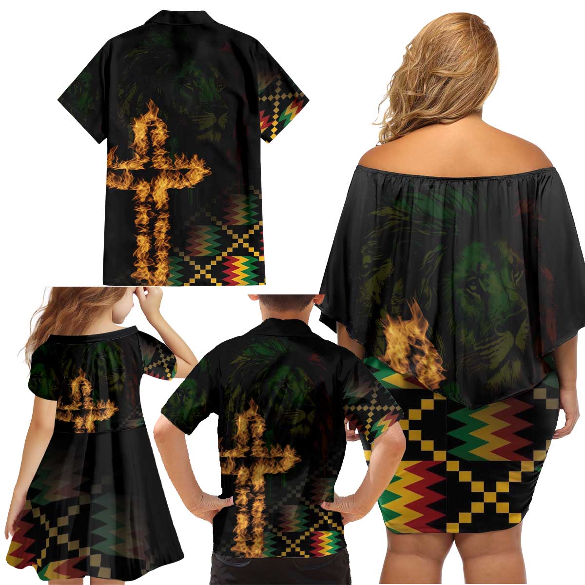 Happy Meskel Celebration Family Matching Off Shoulder Short Dress and Hawaiian Shirt Cross Fire And Lion Flag Color - Wonder Print Shop