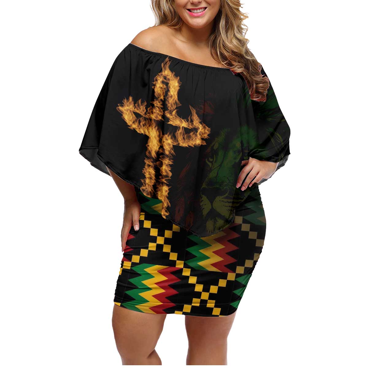 Happy Meskel Celebration Family Matching Off Shoulder Short Dress and Hawaiian Shirt Cross Fire And Lion Flag Color - Wonder Print Shop