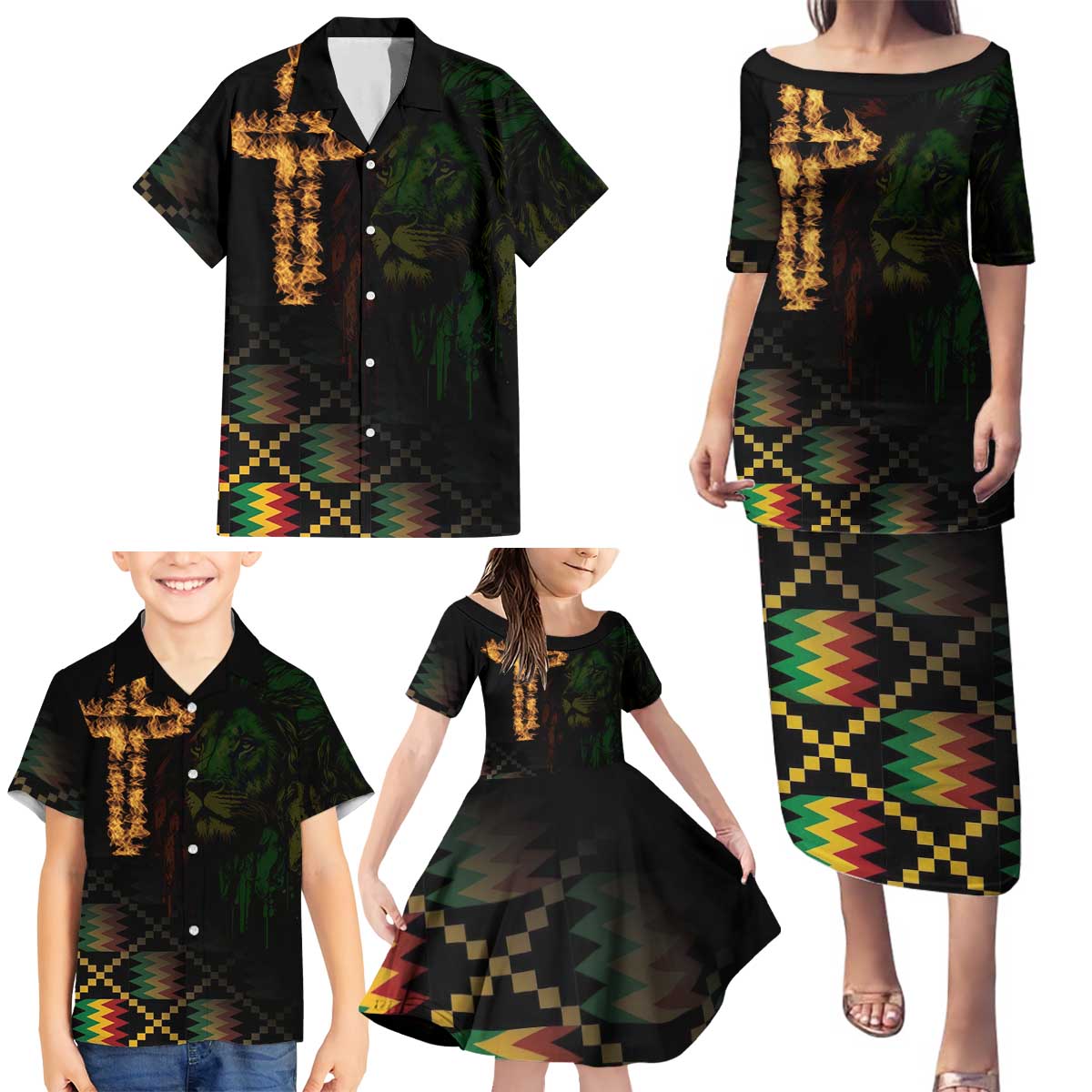 Happy Meskel Celebration Family Matching Puletasi and Hawaiian Shirt Cross Fire And Lion Flag Color - Wonder Print Shop