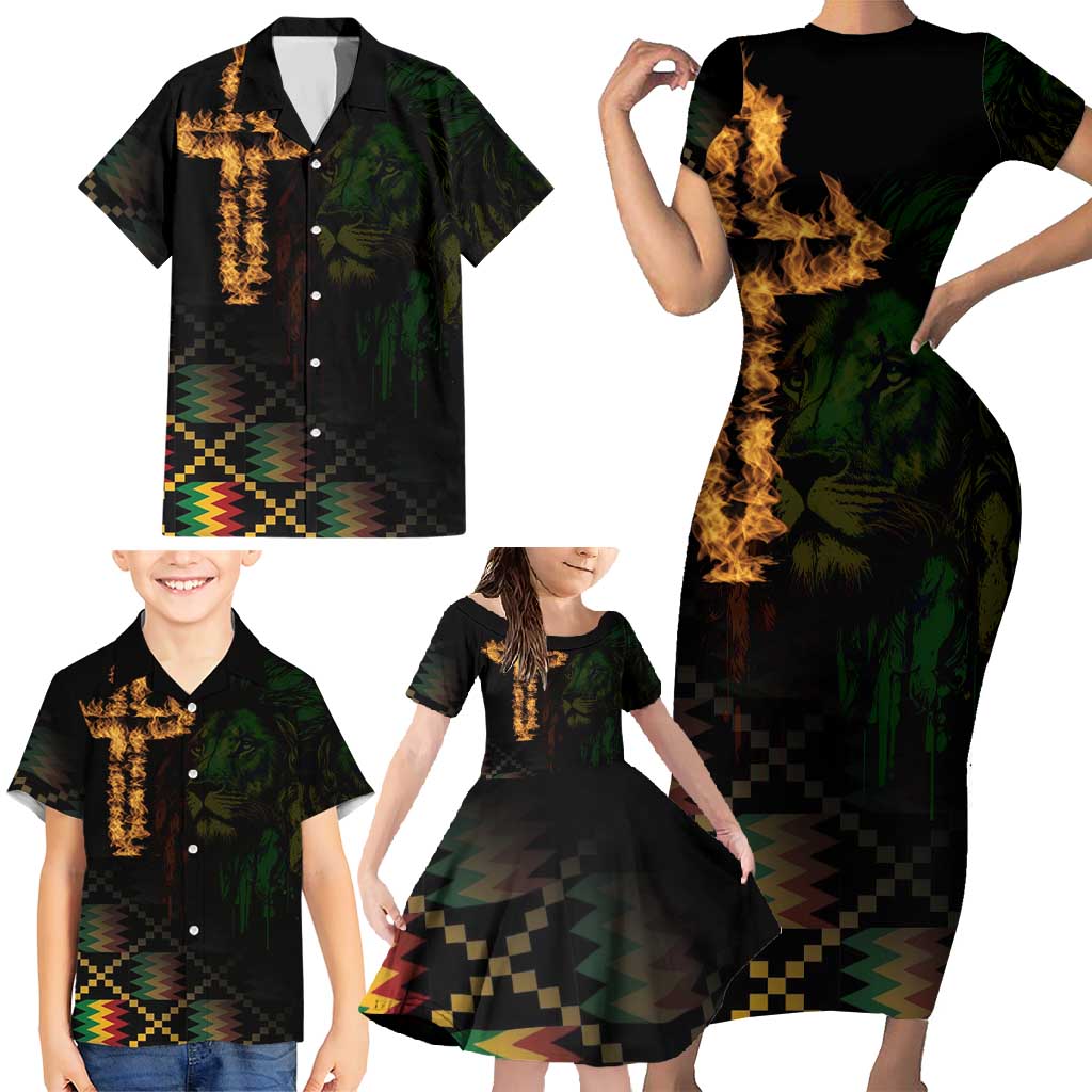 Happy Meskel Celebration Family Matching Short Sleeve Bodycon Dress and Hawaiian Shirt Cross Fire And Lion Flag Color - Wonder Print Shop