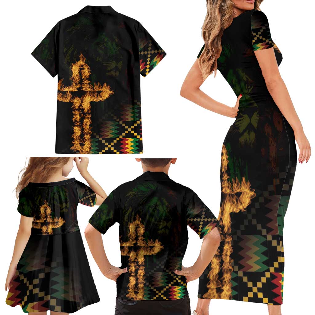 Happy Meskel Celebration Family Matching Short Sleeve Bodycon Dress and Hawaiian Shirt Cross Fire And Lion Flag Color - Wonder Print Shop
