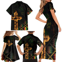 Happy Meskel Celebration Family Matching Short Sleeve Bodycon Dress and Hawaiian Shirt Cross Fire And Lion Flag Color - Wonder Print Shop