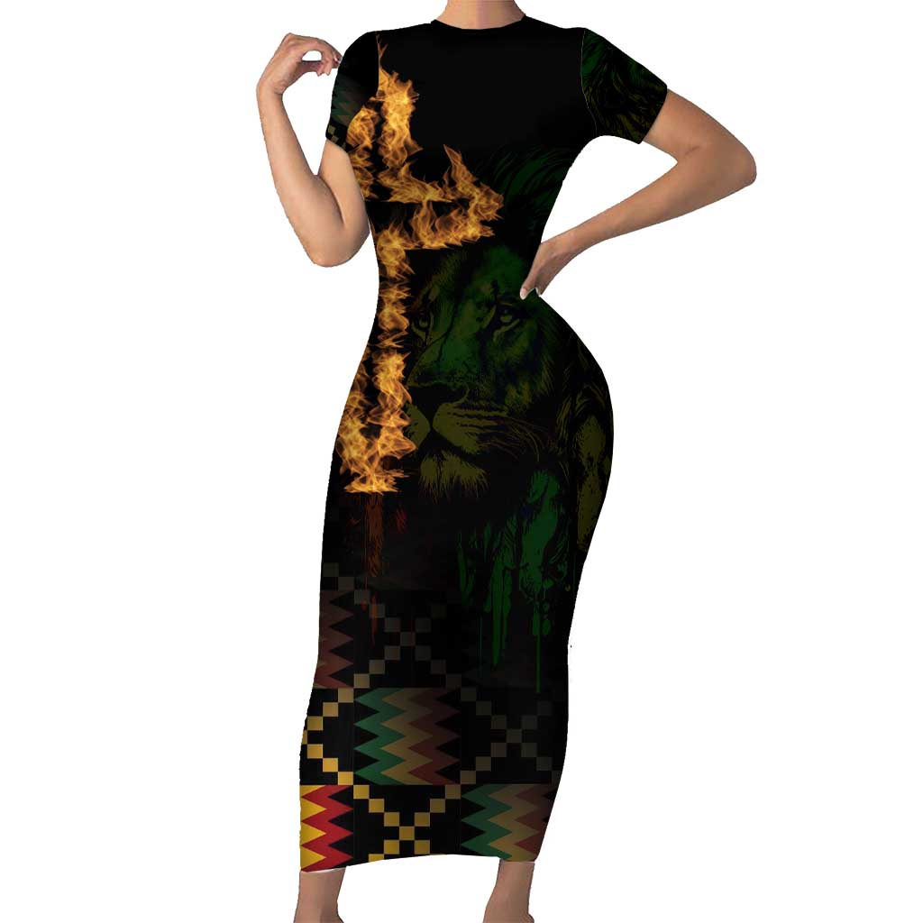 Happy Meskel Celebration Family Matching Short Sleeve Bodycon Dress and Hawaiian Shirt Cross Fire And Lion Flag Color - Wonder Print Shop