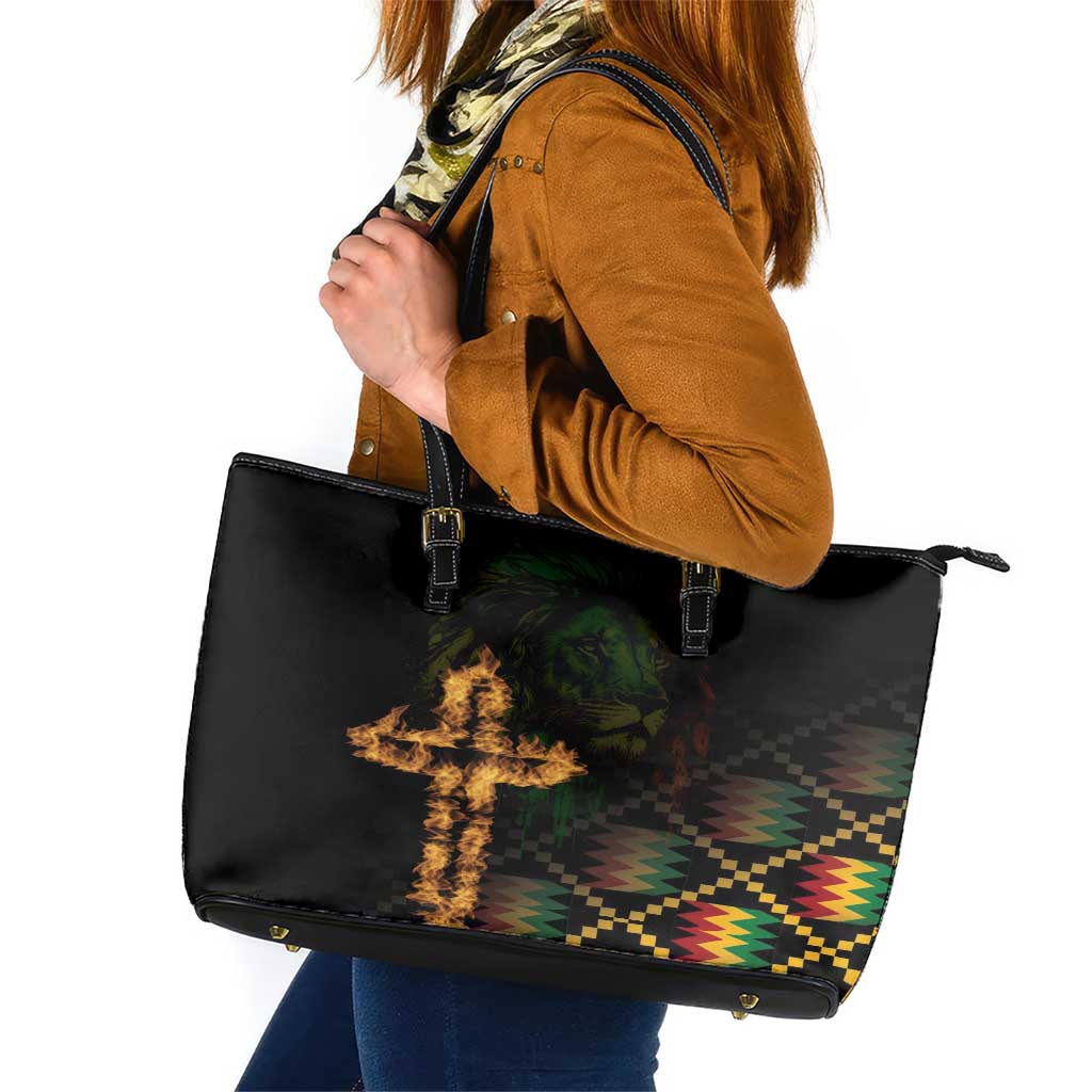 Happy Meskel Celebration Leather Tote Bag Cross Fire And Lion Flag Color - Wonder Print Shop