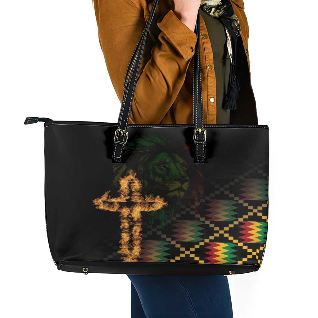 Happy Meskel Celebration Leather Tote Bag Cross Fire And Lion Flag Color - Wonder Print Shop