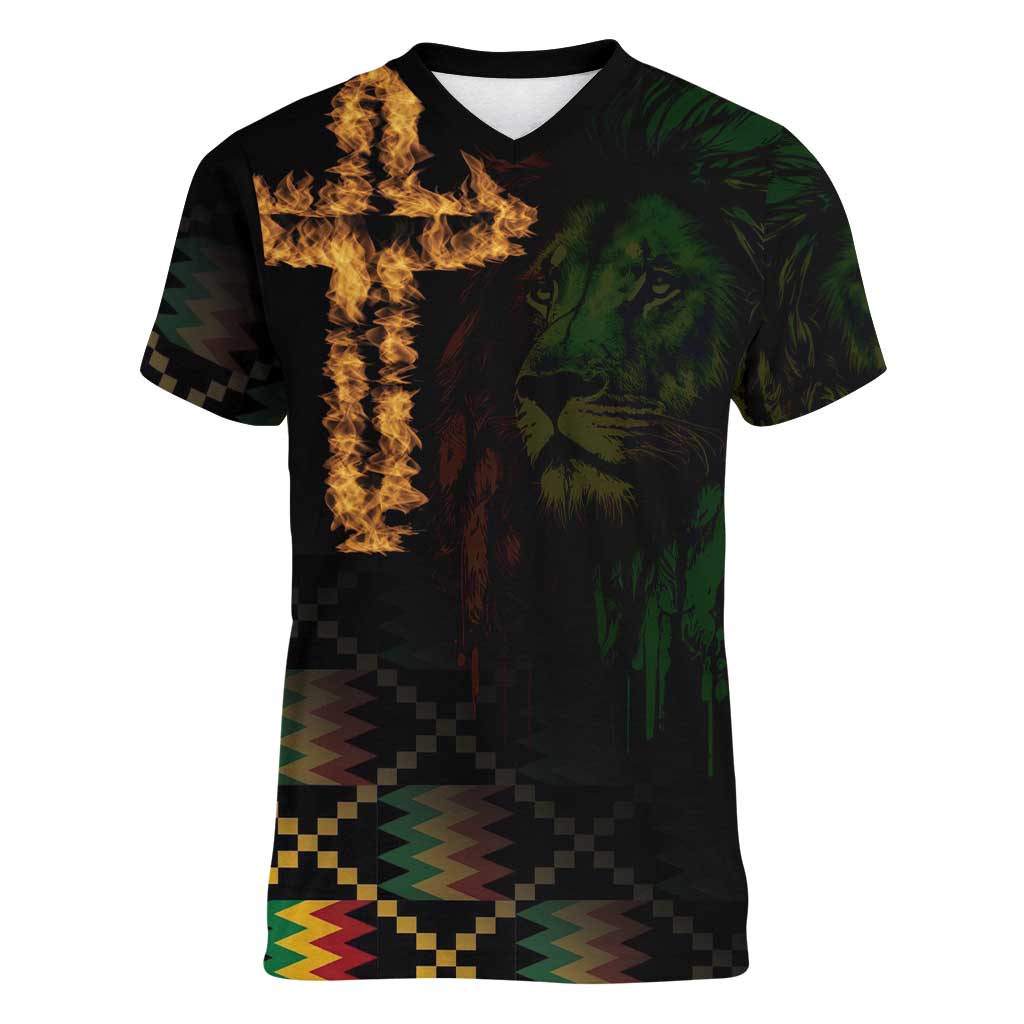 Happy Meskel Celebration Women V-Neck T-Shirt Cross Fire And Lion Flag Color - Wonder Print Shop