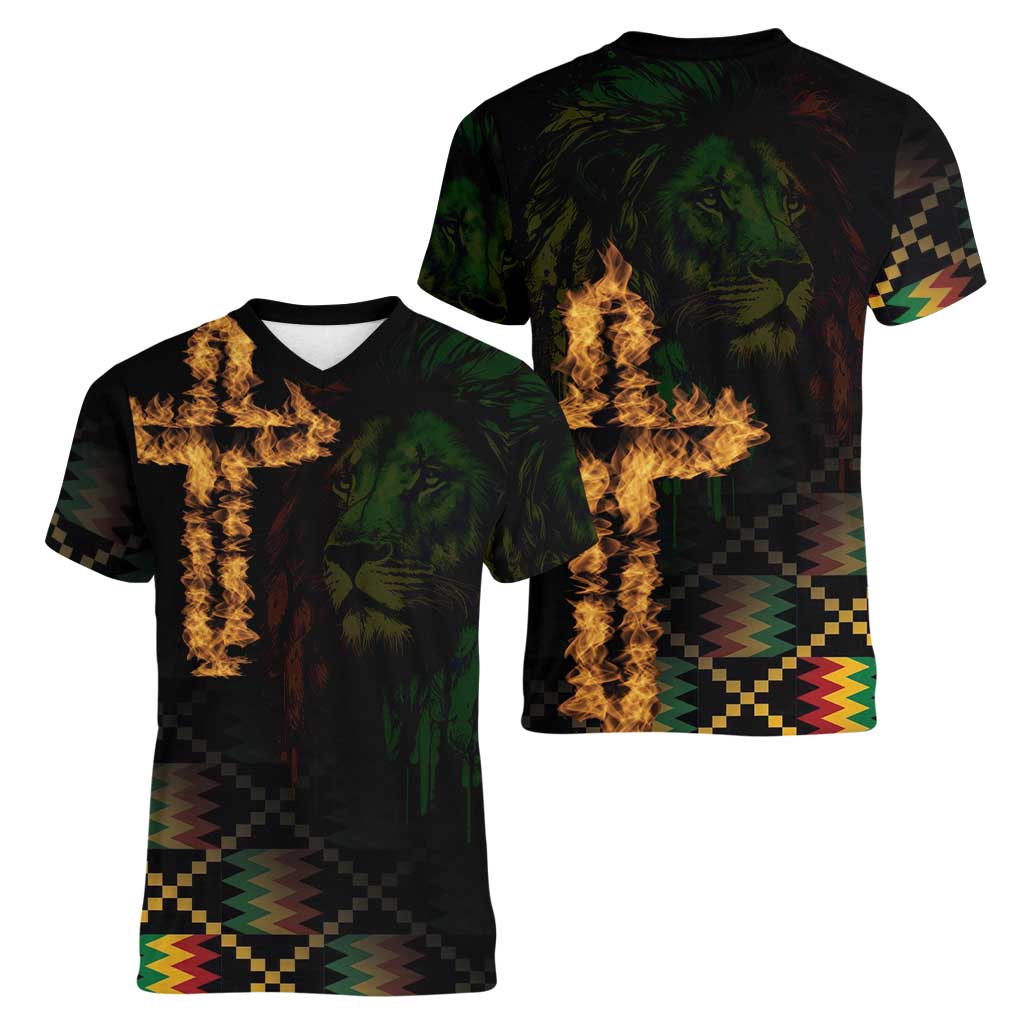 Happy Meskel Celebration Women V-Neck T-Shirt Cross Fire And Lion Flag Color - Wonder Print Shop