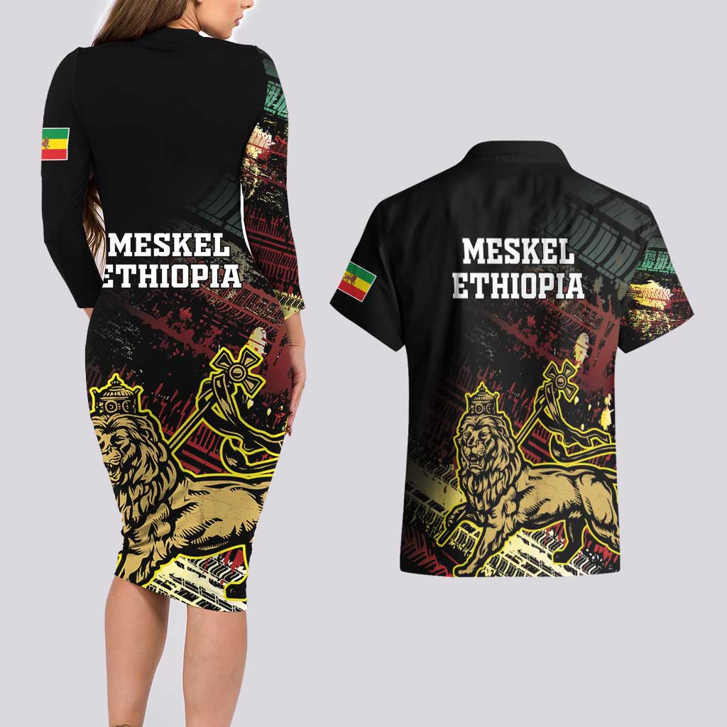 Meskel Ethiopia Couples Matching Long Sleeve Bodycon Dress and Hawaiian Shirt Lion Of Judah With Grunge Patterns - Wonder Print Shop