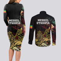 Meskel Ethiopia Couples Matching Long Sleeve Bodycon Dress and Long Sleeve Button Shirt Lion Of Judah With Grunge Patterns - Wonder Print Shop