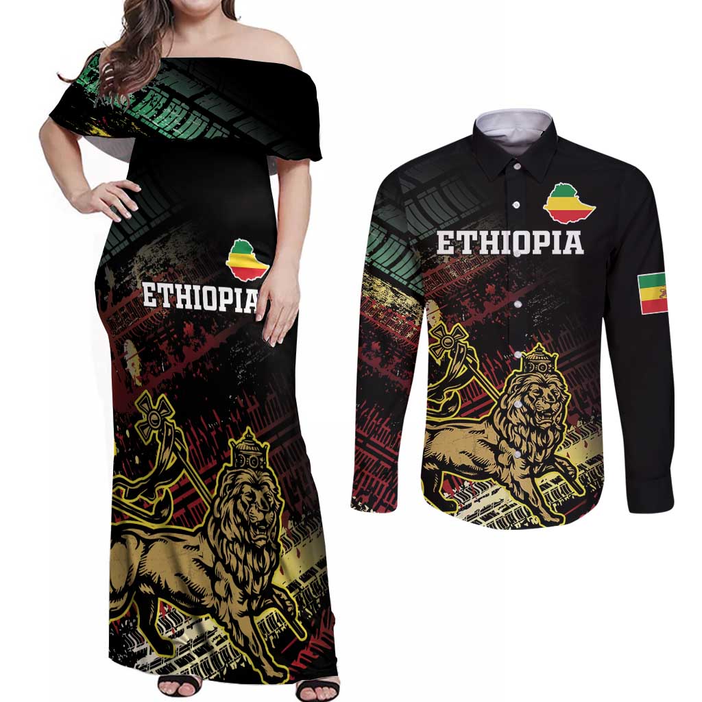 Meskel Ethiopia Couples Matching Off Shoulder Maxi Dress and Long Sleeve Button Shirt Lion Of Judah With Grunge Patterns - Wonder Print Shop