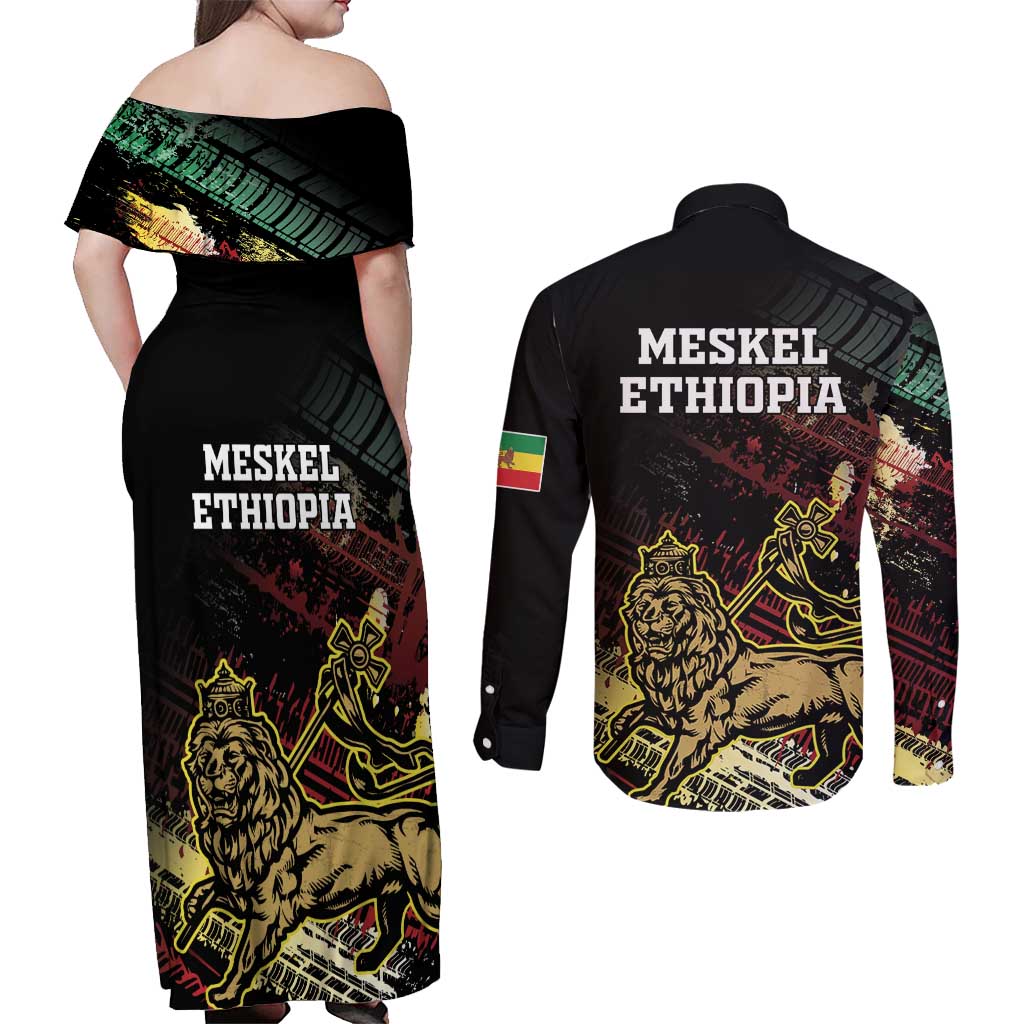 Meskel Ethiopia Couples Matching Off Shoulder Maxi Dress and Long Sleeve Button Shirt Lion Of Judah With Grunge Patterns - Wonder Print Shop