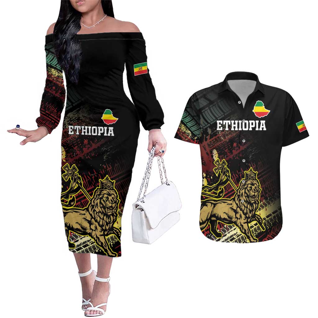 Meskel Ethiopia Couples Matching Off The Shoulder Long Sleeve Dress and Hawaiian Shirt Lion Of Judah With Grunge Patterns - Wonder Print Shop