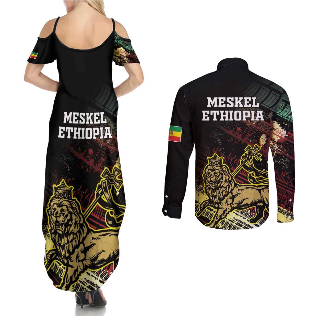 Meskel Ethiopia Couples Matching Summer Maxi Dress and Long Sleeve Button Shirt Lion Of Judah With Grunge Patterns - Wonder Print Shop