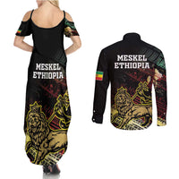 Meskel Ethiopia Couples Matching Summer Maxi Dress and Long Sleeve Button Shirt Lion Of Judah With Grunge Patterns - Wonder Print Shop