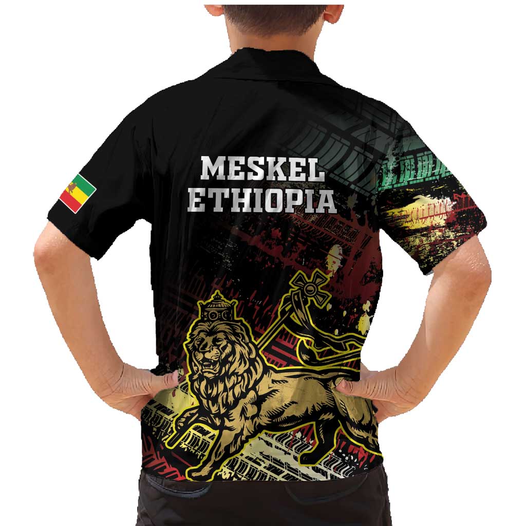 Meskel Ethiopia Family Matching Mermaid Dress and Hawaiian Shirt Lion Of Judah With Grunge Patterns - Wonder Print Shop