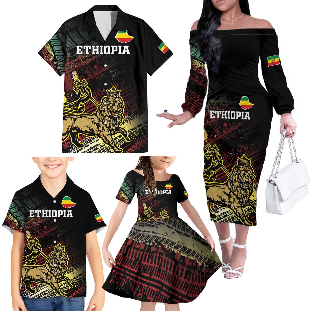 Meskel Ethiopia Family Matching Off The Shoulder Long Sleeve Dress and Hawaiian Shirt Lion Of Judah With Grunge Patterns - Wonder Print Shop