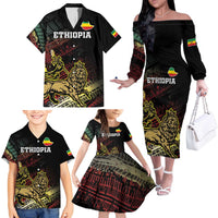 Meskel Ethiopia Family Matching Off The Shoulder Long Sleeve Dress and Hawaiian Shirt Lion Of Judah With Grunge Patterns - Wonder Print Shop