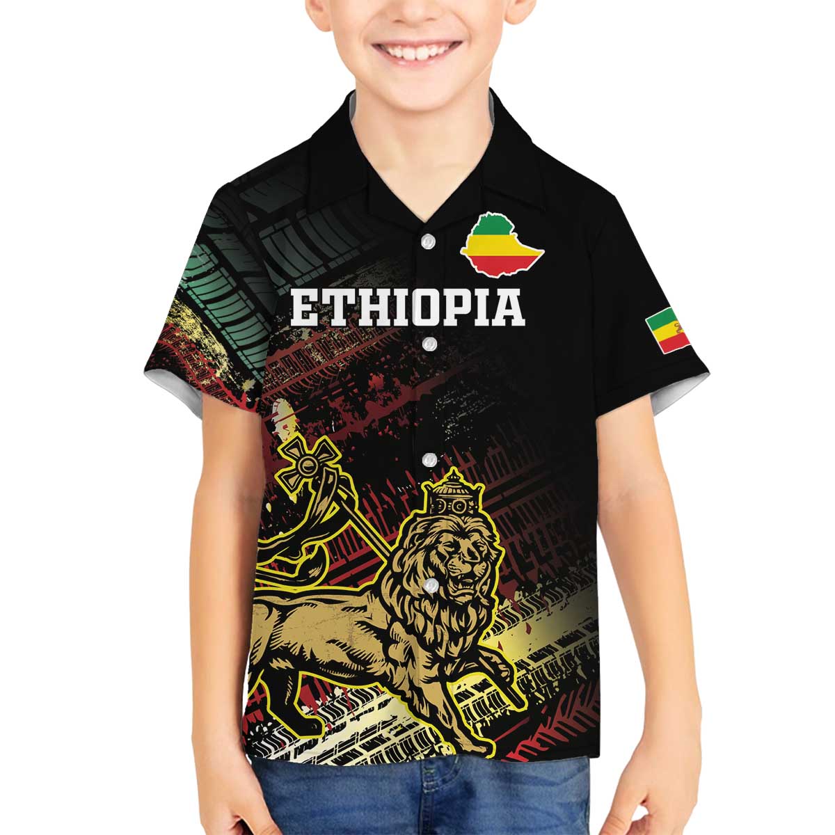 Meskel Ethiopia Family Matching Off The Shoulder Long Sleeve Dress and Hawaiian Shirt Lion Of Judah With Grunge Patterns - Wonder Print Shop