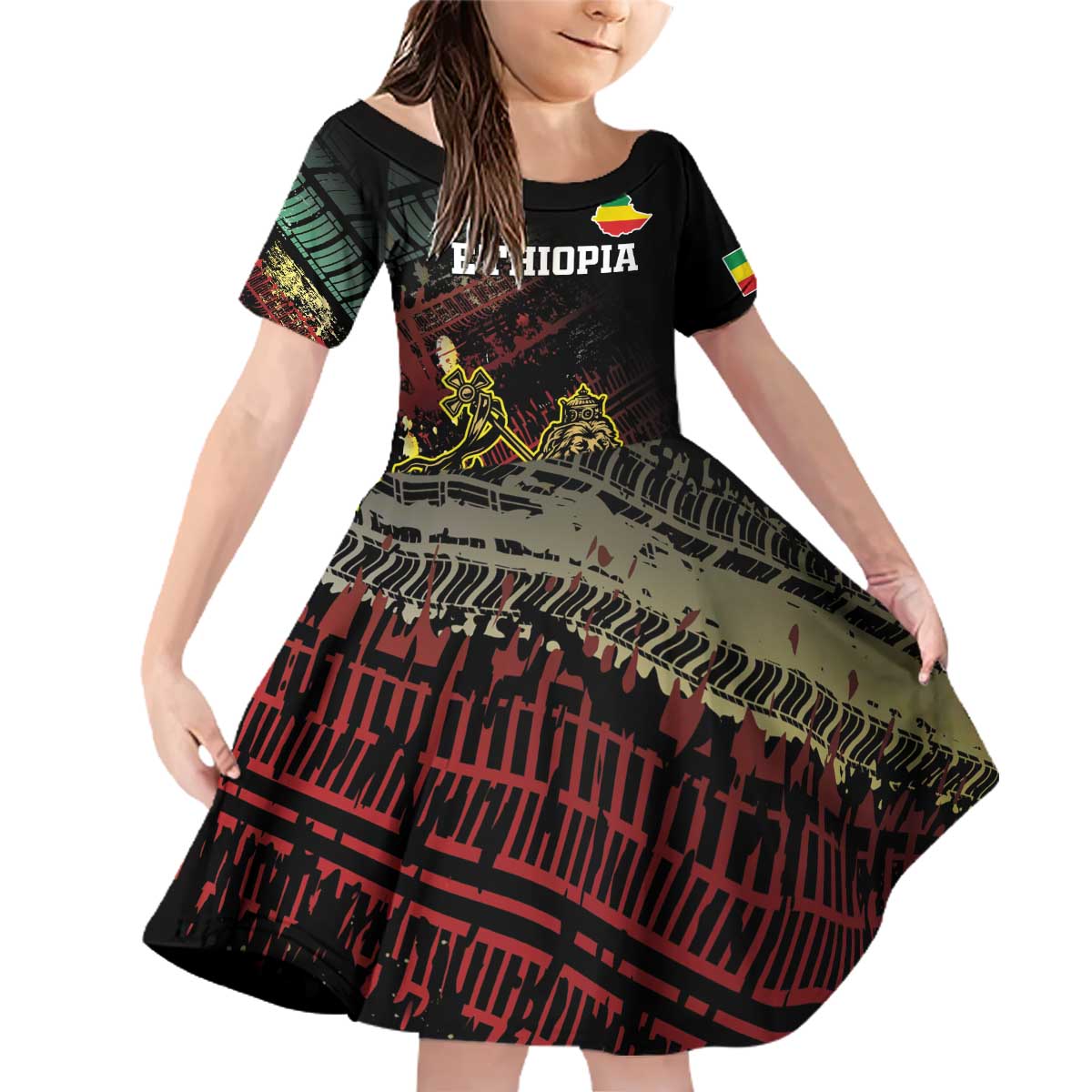 Meskel Ethiopia Family Matching Off Shoulder Short Dress and Hawaiian Shirt Lion Of Judah With Grunge Patterns - Wonder Print Shop