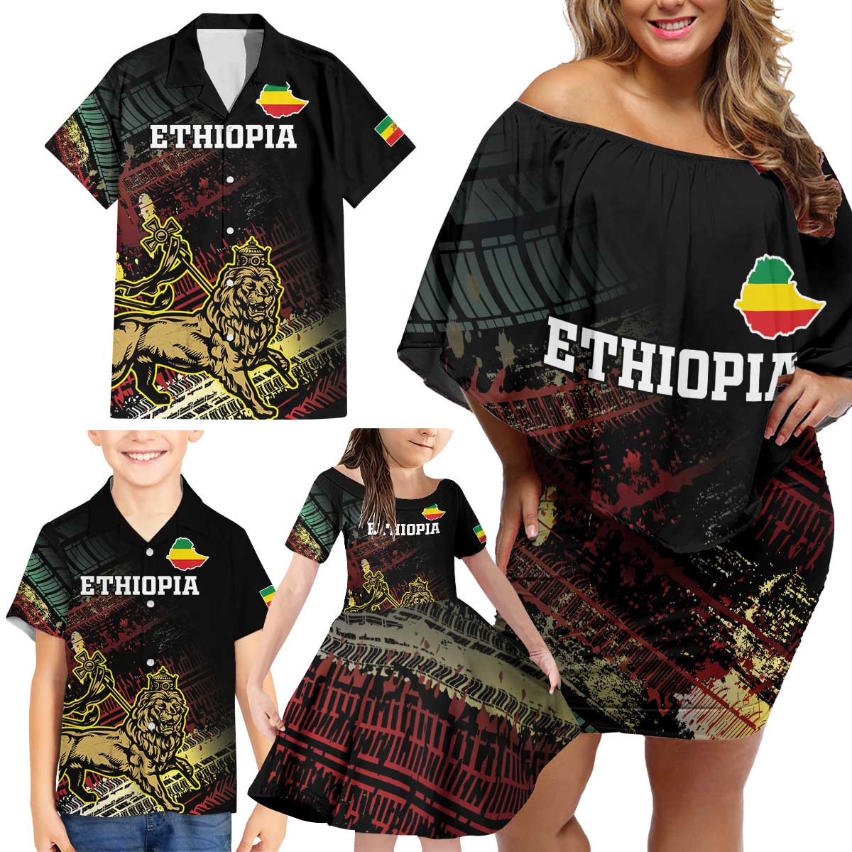Meskel Ethiopia Family Matching Off Shoulder Short Dress and Hawaiian Shirt Lion Of Judah With Grunge Patterns - Wonder Print Shop