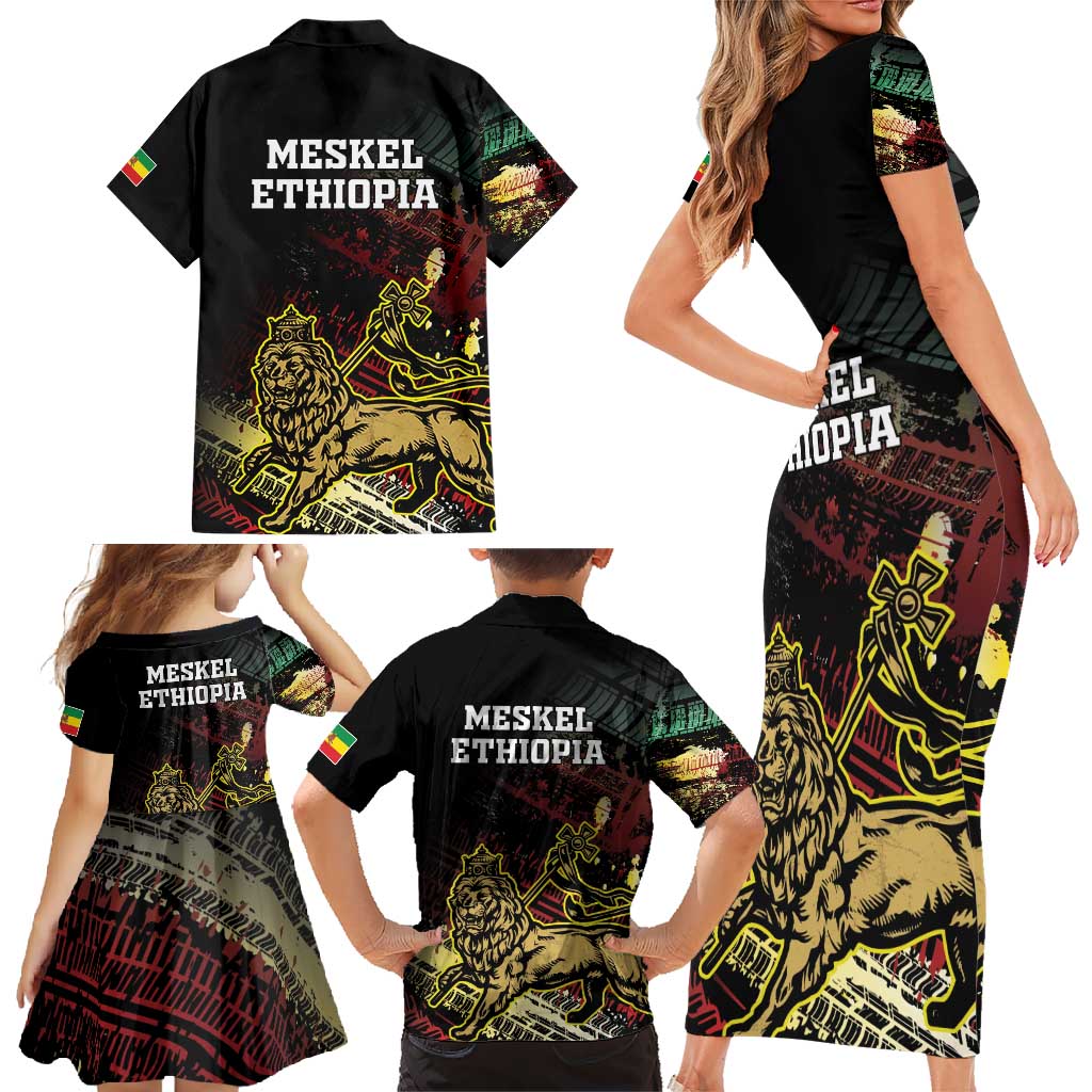 Meskel Ethiopia Family Matching Short Sleeve Bodycon Dress and Hawaiian Shirt Lion Of Judah With Grunge Patterns - Wonder Print Shop
