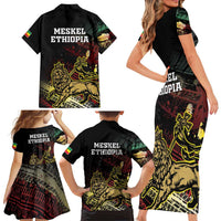 Meskel Ethiopia Family Matching Short Sleeve Bodycon Dress and Hawaiian Shirt Lion Of Judah With Grunge Patterns - Wonder Print Shop