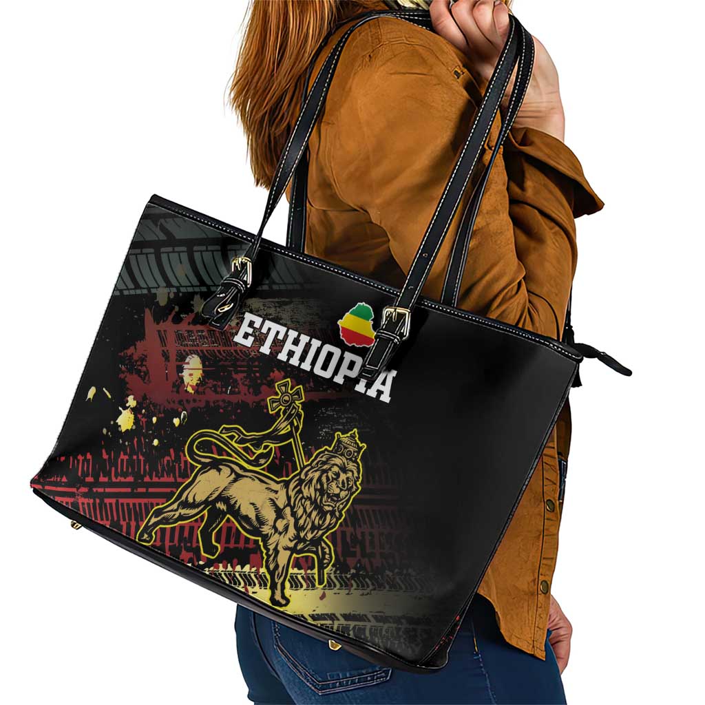 Meskel Ethiopia Leather Tote Bag Lion Of Judah With Grunge Patterns - Wonder Print Shop
