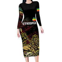 Meskel Ethiopia Long Sleeve Bodycon Dress Lion Of Judah With Grunge Patterns - Wonder Print Shop