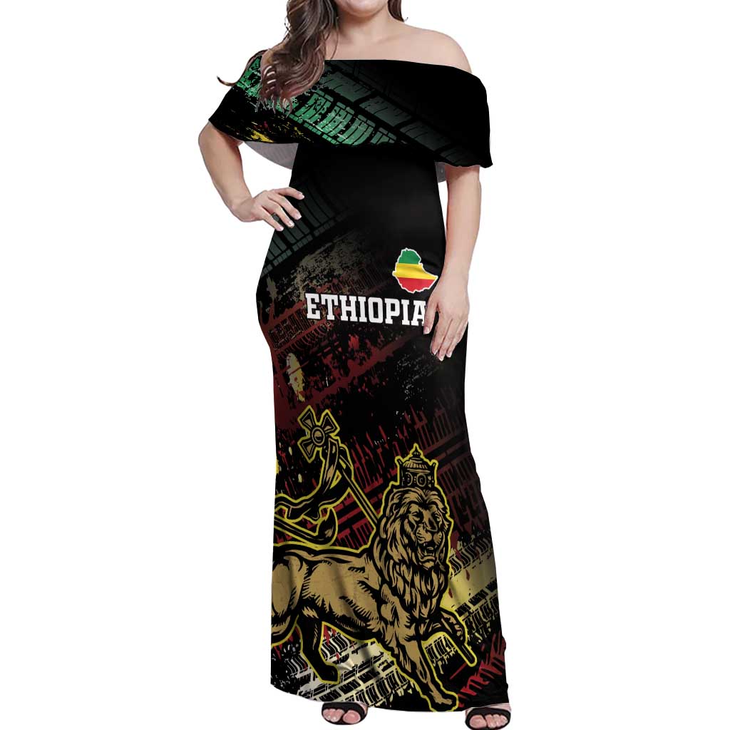 Meskel Ethiopia Off Shoulder Maxi Dress Lion Of Judah With Grunge Patterns - Wonder Print Shop