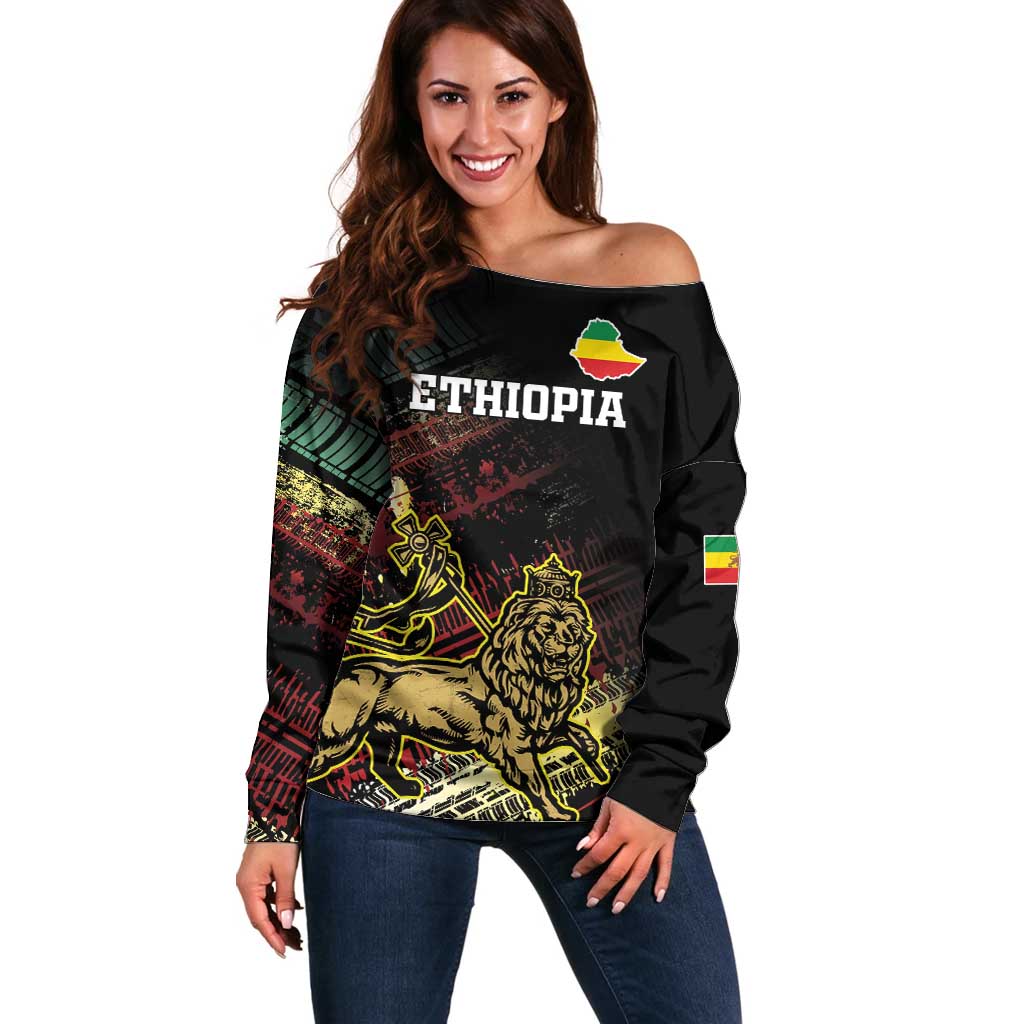 Meskel Ethiopia Off Shoulder Sweater Lion Of Judah With Grunge Patterns - Wonder Print Shop