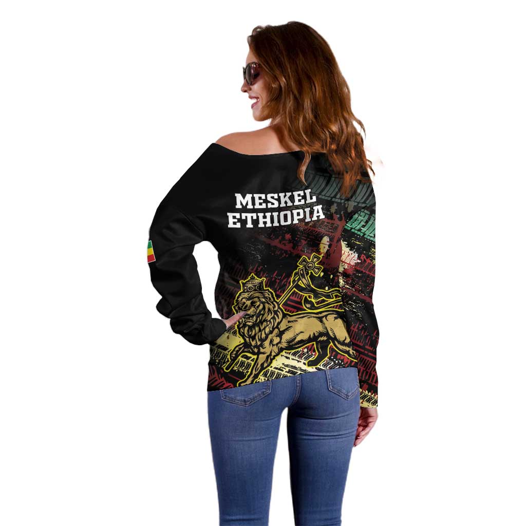Meskel Ethiopia Off Shoulder Sweater Lion Of Judah With Grunge Patterns - Wonder Print Shop