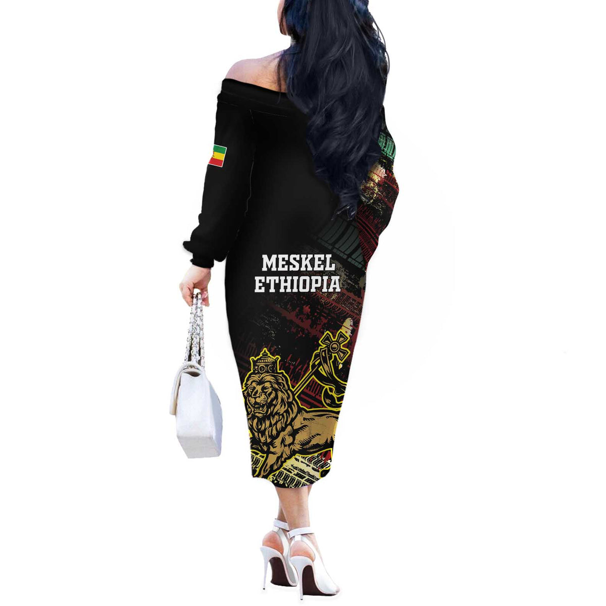 Meskel Ethiopia Off The Shoulder Long Sleeve Dress Lion Of Judah With Grunge Patterns - Wonder Print Shop