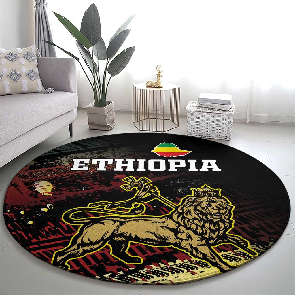 Meskel Ethiopia Round Carpet Lion Of Judah With Grunge Patterns