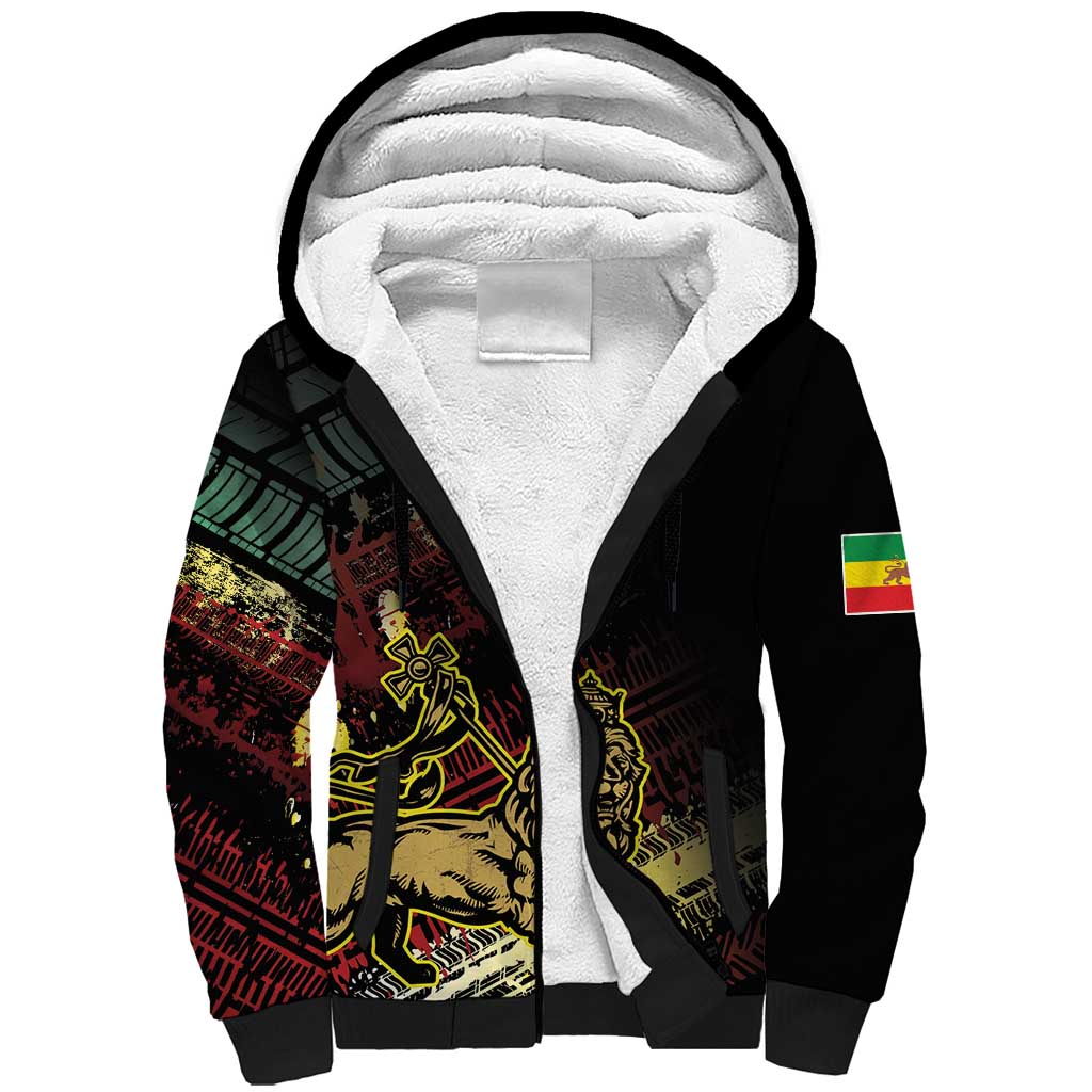 Meskel Ethiopia Sherpa Hoodie Lion Of Judah With Grunge Patterns - Wonder Print Shop